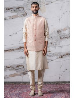TASVA - Men Peach Silk Embroidered Jacket with Kurta and Churidar