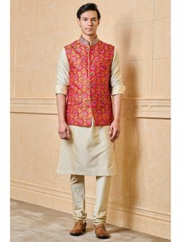 TASVA - Men Red Viscose Blend Floral Jacket with Kurta and Churidar