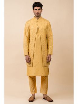 TASVA - Men Yellow Polyester Embroidered Jacket with Kurta and Pyjama