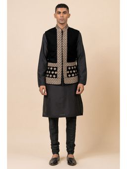 TASVA - Men Black Polyester Embroidered Jacket with Kurta and Churidar