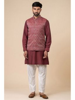 TASVA - Men Red Polyester Blend Geometric Jacket with Kurta and Pyjama