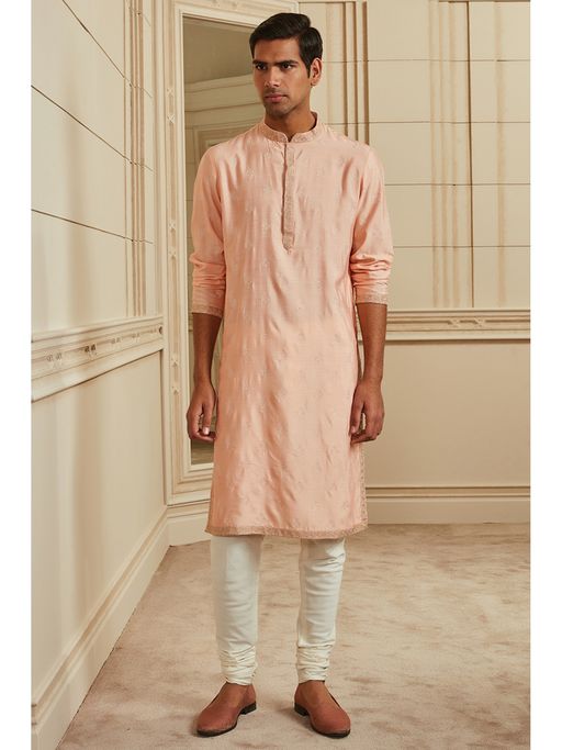 TASVA Men Peach Viscose Blend Embroidered Kurta with Churidar