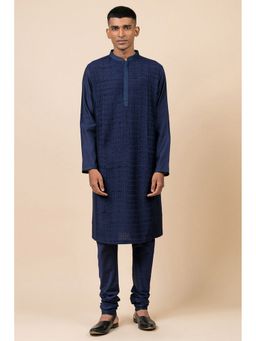 TASVA - Men Navy Blue Viscose Blend Textured Kurta with Churidar