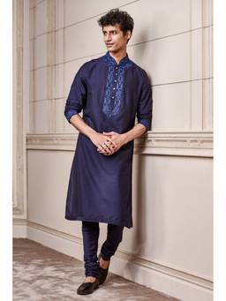TASVA - Men Navy Blue Viscose Blend Embroidered Kurta with Churidar
