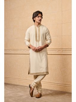 TASVA - Men Beige Crepe Embroidered Kurta with Churidar
