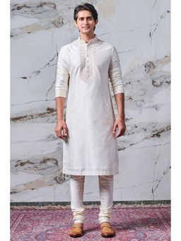 TASVA - Men Ivory Silk Embroidered Kurta with Churidar