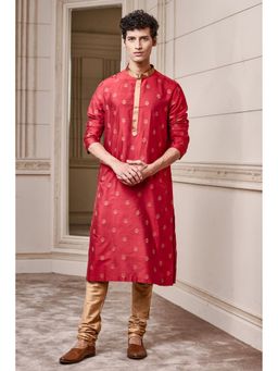 TASVA - Men Red Viscose Blend Embroidered Kurta with Churidar