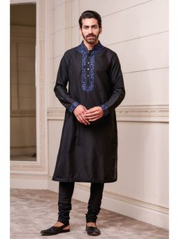 TASVA - Men Black Viscose Blend Embroidered Kurta with Churidar
