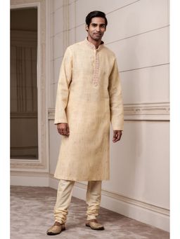 TASVA - Men Beige Cotton Blend Textured Kurta with Churidar