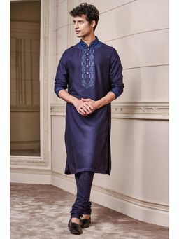 TASVA - Men Navy Blue Viscose Blend Embroidered Kurta with Churidar