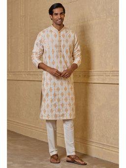 TASVA - Men Yellow Cotton Embroidered Kurta with Pyjama