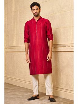 TASVA - Men Maroon Viscose Blend Stripes Kurta with Pyjama