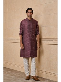 TASVA - Men Wine Cotton Blend Embroidered Kurta with Pyjama