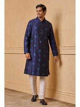 TASVA - Men Navy Blue Viscose Blend Embroidered Kurta with Pyjama