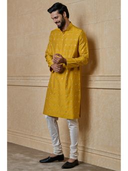 TASVA - Men Yellow Viscose Blend Embroidered Kurta with Churidar