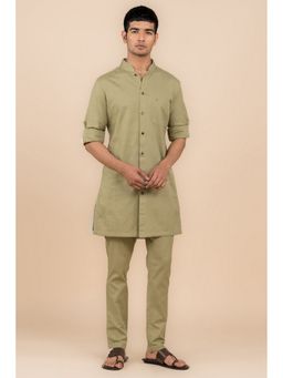 TASVA - Men Olive Cotton Linen Solid Kurta with Pant