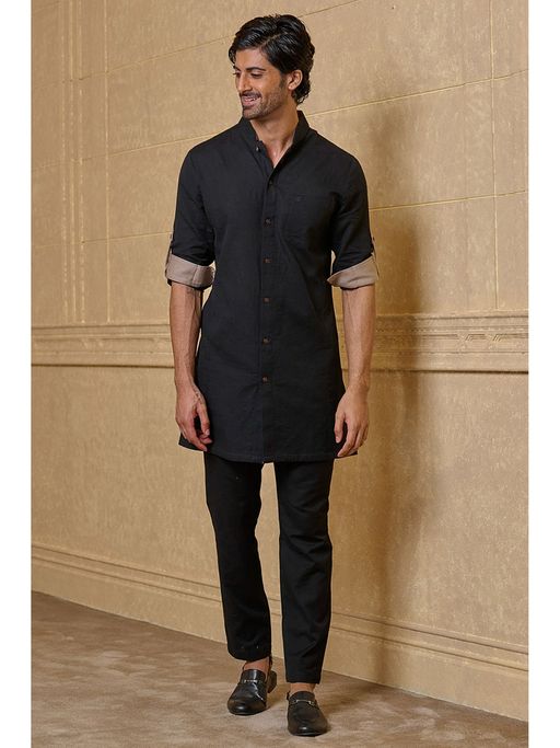 TASVA Men Black Cotton Linen Solid Kurta with Pant