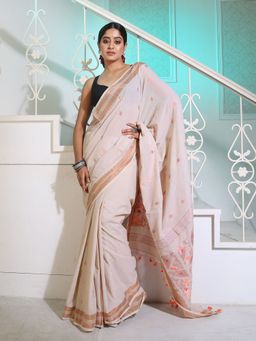 CHARUKRITI - Off White Cotton Handspun Saree with Jamdani Designs Pallu with Unstitched Blouse