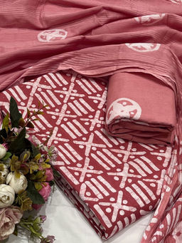 SALWAR STUDIO - Red Cotton Unstitched Printed Salwar Suit Dress Material with Dupatta (Set of 3)