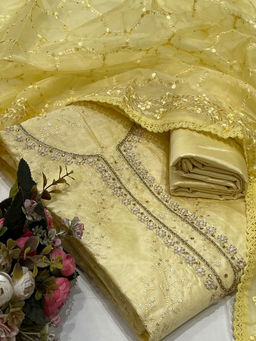 SALWAR STUDIO - Yellow Unstitched Embroidered Salwar Suit Dress Material with Dupatta (Set of 3)