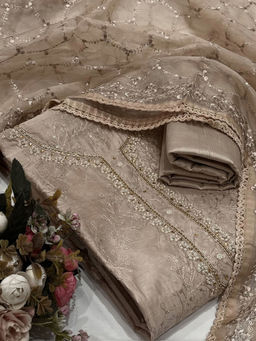 SALWAR STUDIO - Brown Unstitched Embroidered Salwar Suit Dress Material with Dupatta (Set of 3)
