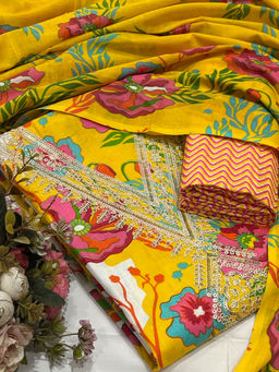 SALWAR STUDIO - Yellow Unstitched Embroidered Salwar Suit Dress Material with Dupatta (Set of 3)