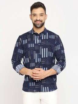 BASICS - Men Navy Blue Cotton Geometric Shirt