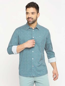 BASICS - Men Teal Cotton Geometric Shirt