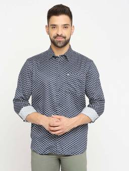 BASICS - Men Navy Blue Tencel Geometric Shirt