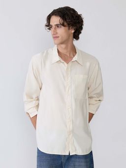 Espanshe - Men Cream Polyester Solid Shirt