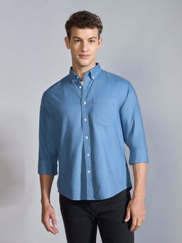 Espanshe - Men Blue Cotton Solid Shirt