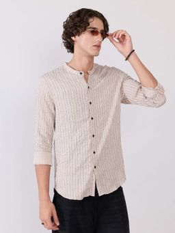 Espanshe - Men Beige Viscose Blend Stripes Shirt