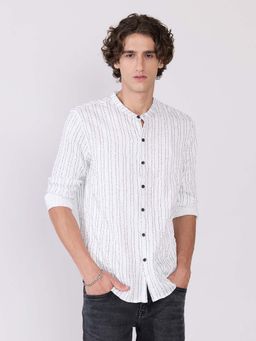 Espanshe - Men White Viscose Blend Stripes Shirt
