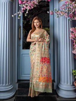 Beatitude - Green Modal Silk Kashmiri Weaving with Unstitched Blouse