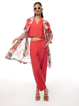 Pallavi Agarwal - Rust Crimson Crop Top with Pant and Jacket (Set of 3)