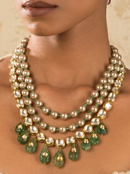 Joules By Radhika - Artisanal Elegant Gold and Green Kundan, Jade Drops, Pearls Necklace