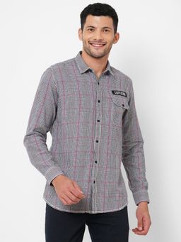 Solemio - Pure Cotton Slim Fit Spread Collar Checked Casual Shirt For Mens - Grey