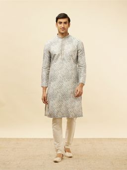 Manyavar - Mens Grey Art Silk Printed Kurta Pyjama (Set of 2)