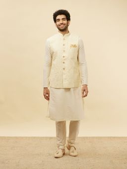 Manyavar - Mens Cream Art Silk Self Design Jacket
