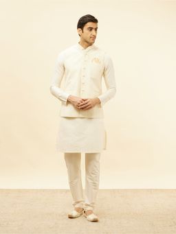 Manyavar - Mens Cream Art Silk Self Design Jacket