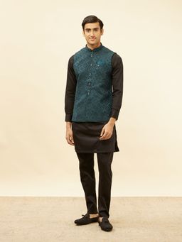 Manyavar - Mens Blue Brocade Self Design Jacket