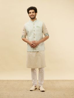Manyavar - Mens Off White Art Silk Printed Jacket