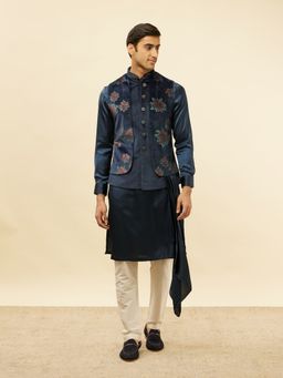 Manyavar - Mens Blue Velvet Printed Kurta Pyjama Jacket (Set of 3)