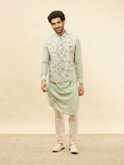 Manyavar - Mens Green Blended Linen Printed Kurta Trouser Jacket (Set of 3)