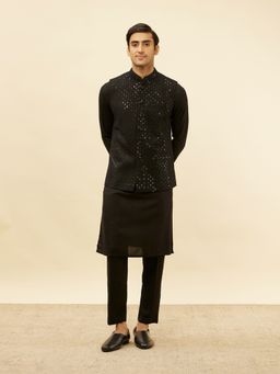 Manyavar - Mens Black Blended Viscose Self Design Kurta Trouser Jacket (Set of 3)