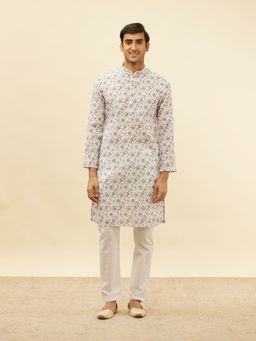 Manyavar - Mens White Blended Viscose Printed Kurta Pyjama (Set of 2)