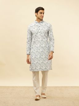 Manyavar - Mens White Blended Cotton Printed Kurta Pyjama (Set of 2)