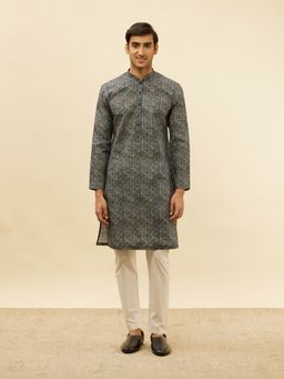 Manyavar - Mens Blue Cotton Printed Kurta Pyjama (Set of 2)