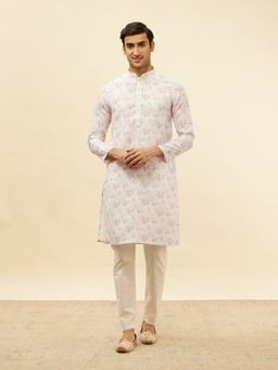 Manyavar - Mens Warm Off White Blended Cotton Printed Kurta Pyjama (Set of 2)