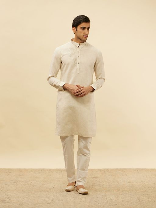 Manyavar Mens Natural Blended Linen Printed Kurtas